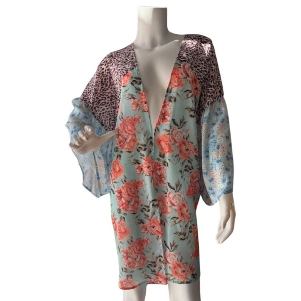NWT-Mixed Print Floral Leopard Kimono/Coverup Open Front Blue Coral Small